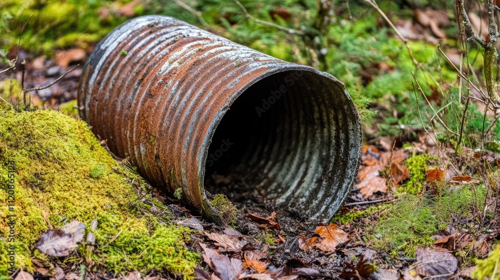 Rustic Metal Drain Pipe Surrounded by Lush Greenery and Fallen Leaves on a Bright Sunny Day Rustic Metal Drain Pipe Surrounded by Lush Greenery and Fallen Leaves on a Bright Sunny Day