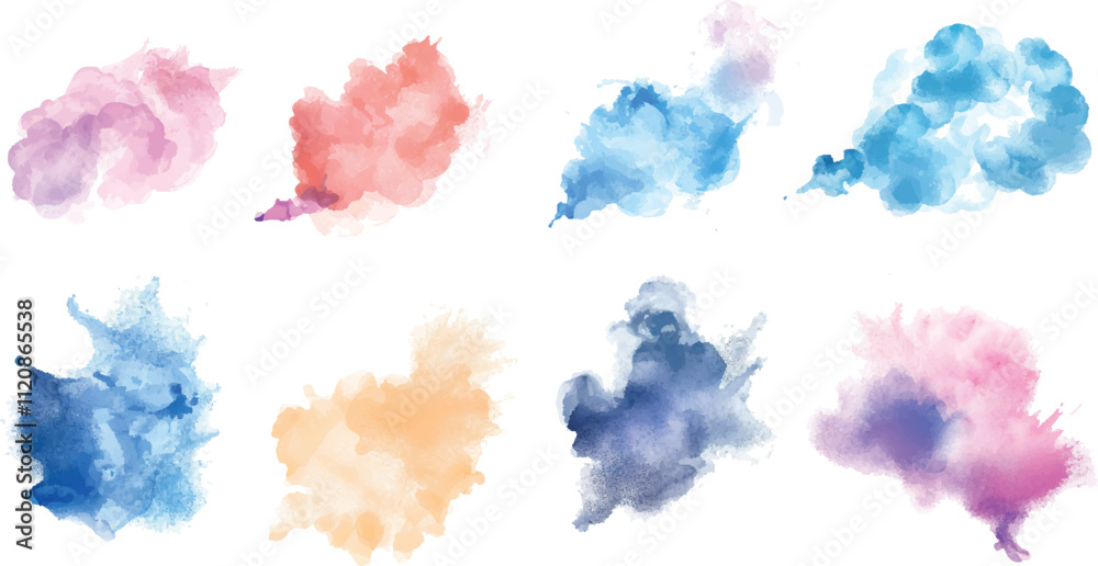 Set of watercolor brash on white background. The picture features a blue watercolor cloud pattern on a white background. Set of watercolor brash on white background. The picture features a blue watercolor cloud pattern on a white background.