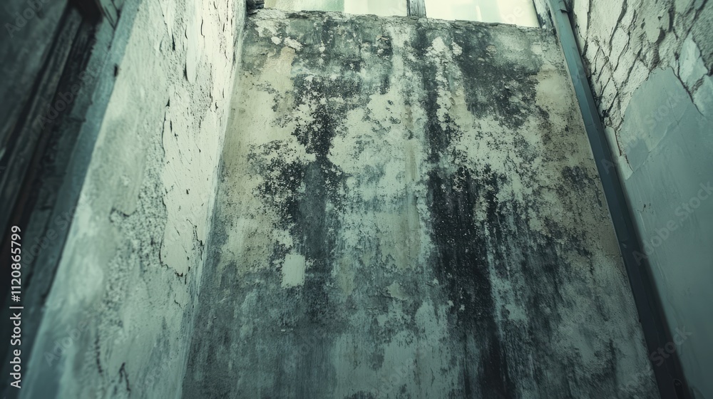 Mold growth on damp interior walls highlighting water damage and neglect in an abandoned property setting. Mold growth on damp interior walls highlighting water damage and neglect in an abandoned property setting.