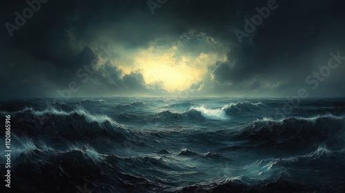 Dramatic Seascape with Turbulent Waves and Stormy Skies in Deep Blue and Gray Textures