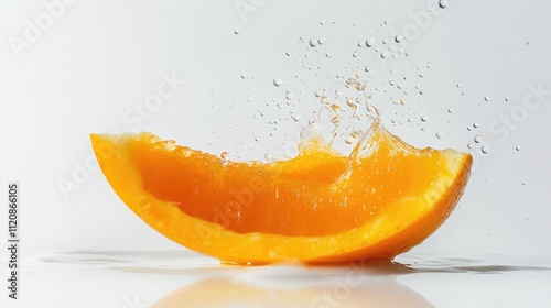 Fresh Orange Slice with Juicy Pulp Splashing on White Background for Vibrant Food and Drink Promotions