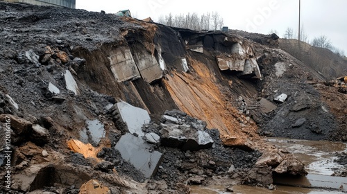 Landslide in a lignite mine showcasing geological instability and environmental impact of mining operations.