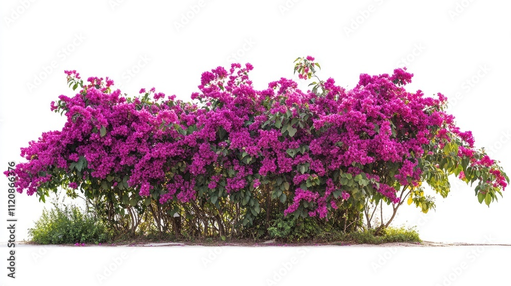 Obraz premium Vibrant long garden bush with lush pink flowers isolated on white background featuring detailed clipping path for design use