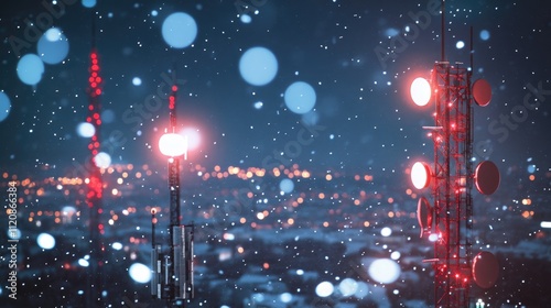 Telecommunication signal towers glowing in red and white during snowfall with a city skyline illuminated at night photo