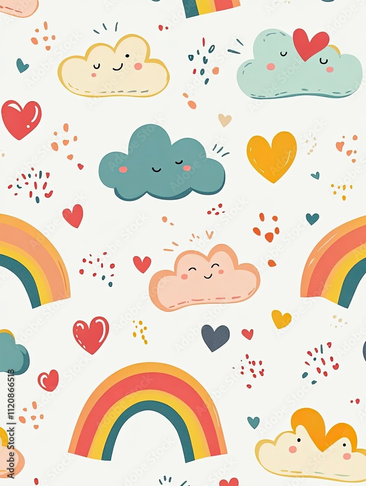 Cute cloud background illustration, Cute rainbow, clouds, hearts and love symbols. Valentine's day digital paper. Kids Pattern. Cute cloud background illustration, Cute rainbow, clouds, hearts and love symbols. Valentine's day digital paper. Kids Pattern.