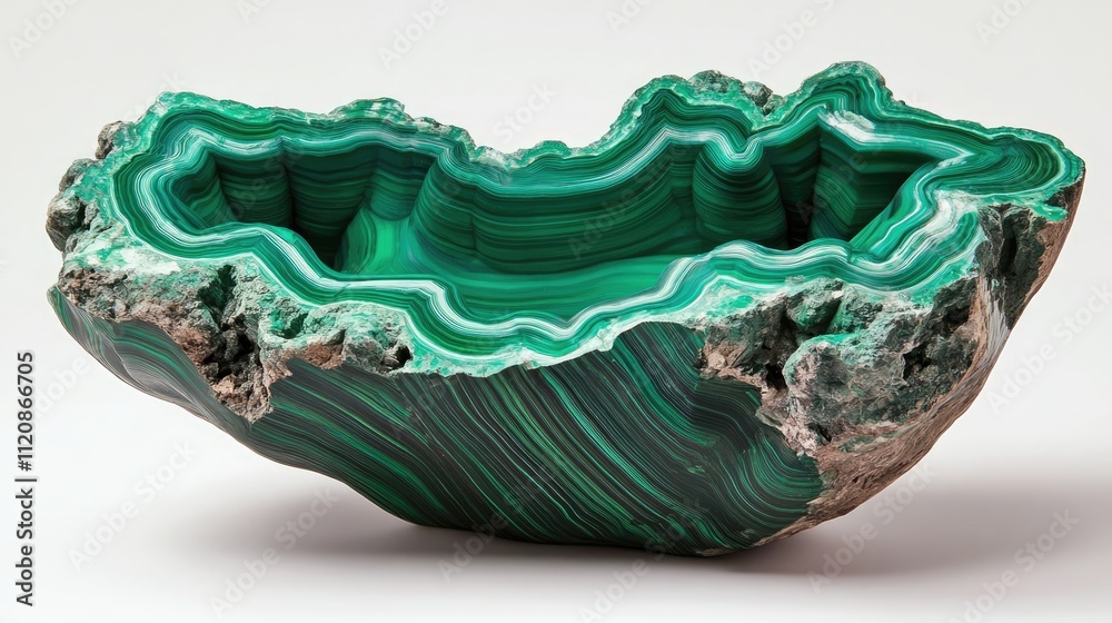 Unpolished malachite specimen showcasing vibrant green bands and unique formations in a 14cm display piece for mineral collectors. Unpolished malachite specimen showcasing vibrant green bands and unique formations in a 14cm display piece for mineral collectors.