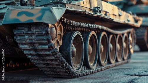 Military tank close up on asphalt street showcasing armored camouflage design and durable defense equipment for military operations photo