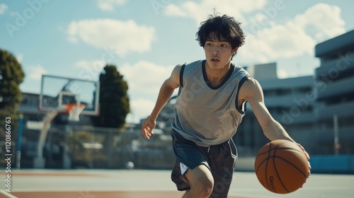 Japanese basketball player wearing a blank grey basketball jersey moving with the ball in outdoor court photo