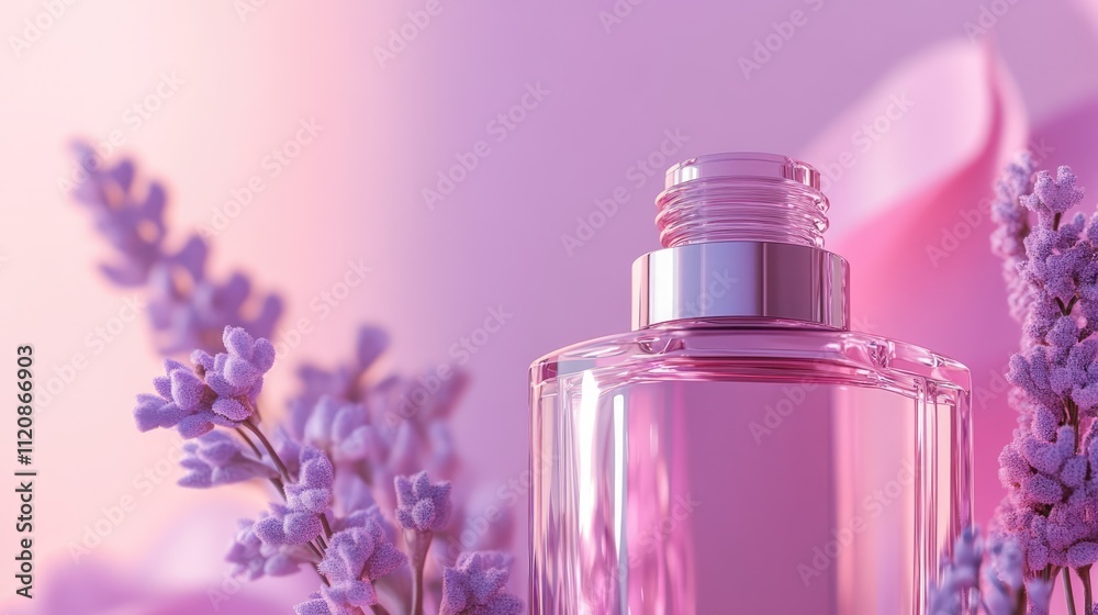 Cosmetic bottle elegantly displayed with lavender flowers on a soft pink gradient background for beauty and skincare concepts Cosmetic bottle elegantly displayed with lavender flowers on a soft pink gradient background for beauty and skincare concepts