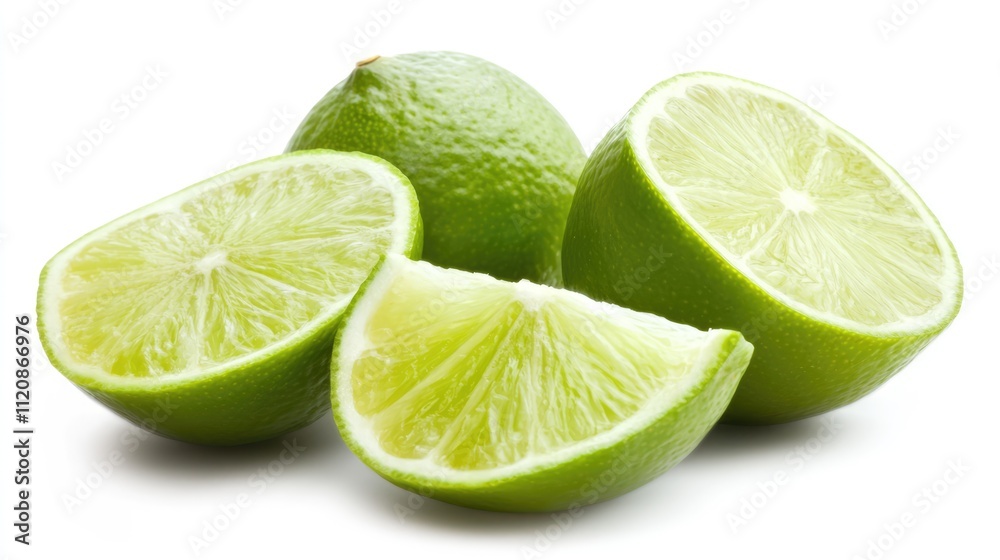 Fresh lime halves and whole limes arranged on a clean white background showcasing vibrant green color and juicy texture. Fresh lime halves and whole limes arranged on a clean white background showcasing vibrant green color and juicy texture.