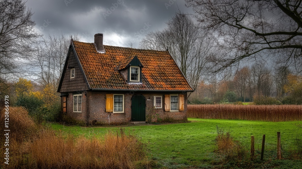 Charming rustic Dutch house surrounded by tranquil nature under a dramatic cloudy sky in autumn scenery. Charming rustic Dutch house surrounded by tranquil nature under a dramatic cloudy sky in autumn scenery.