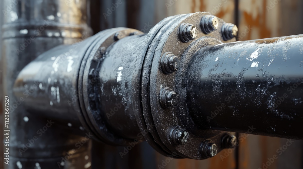 Industrial close-up of a weathered metal pipe joint with bolts showcasing rust and wear against a blurred background. Industrial close-up of a weathered metal pipe joint with bolts showcasing rust and wear against a blurred background.