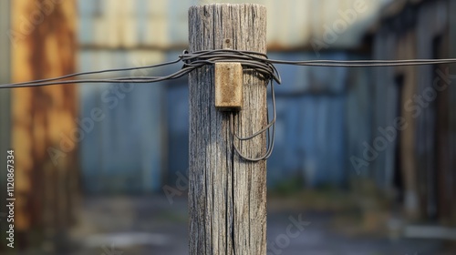 Weathered wooden electric utility pole with rustic wires attached, set against a blurred industrial background, conveying a sense of age and character, architecture, rural, vintage, infrastructure. photo