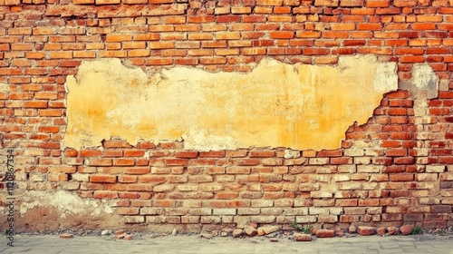 Weathered brick wall texture with peeling paint showcasing vintage architectural character for background or design use. photo