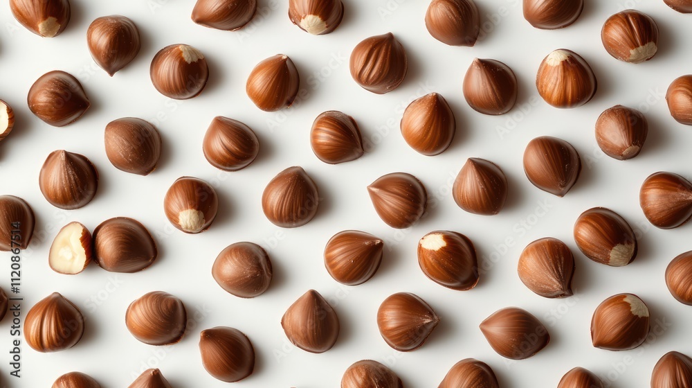 Fototapeta premium Hazelnut chocolate bar arranged with whole hazelnuts on a clean white background ideal for confectionery and dessert marketing