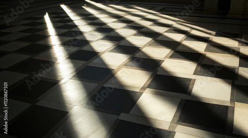 Light and shadow interplay on a patterned checkered floor creating a dynamic visual contrast in architectural space photo