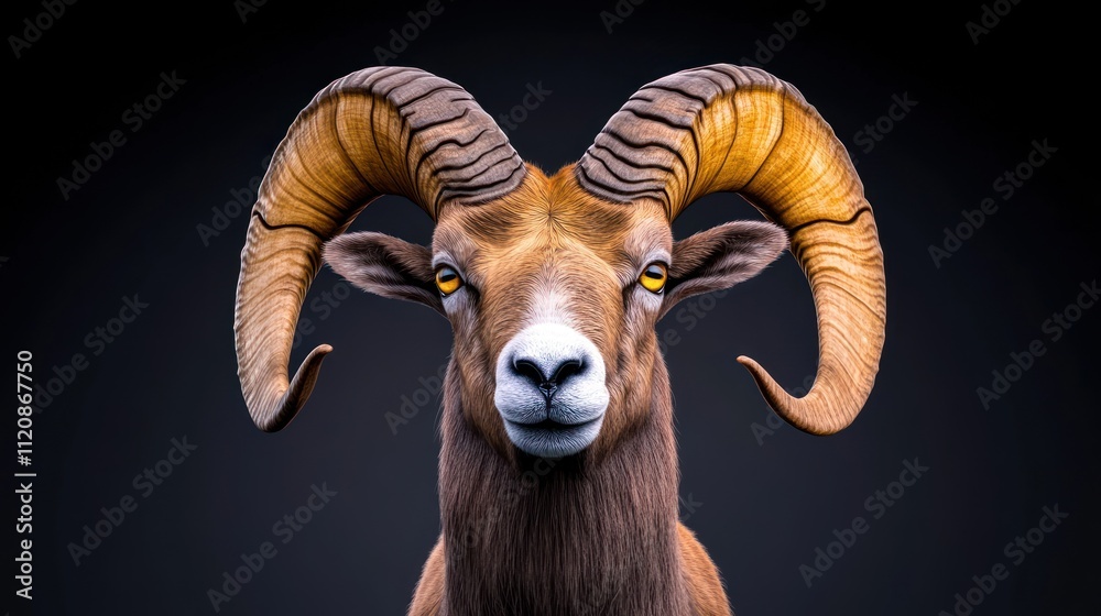 A close-up of a ram with impressive curled horns against a dark background. A close-up of a ram with impressive curled horns against a dark background.