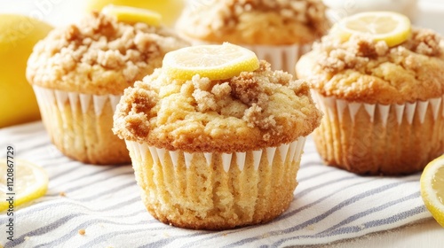 Freshly baked lemon muffins with crumb topping and lemon slices served on a striped cloth with whole lemons in the background.