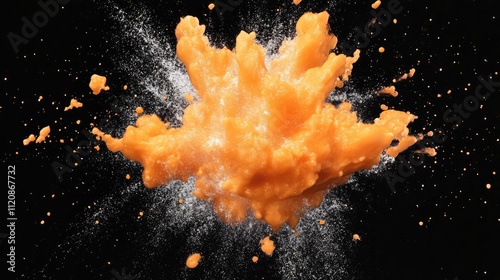 Vibrant orange explosion against a dark background showcasing dynamic texture and energy in a visually striking composition