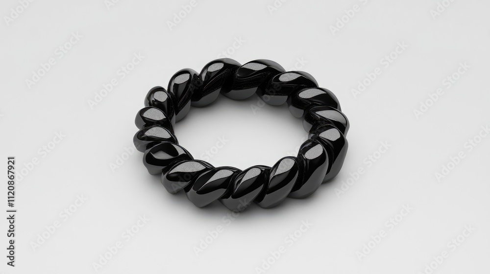 Glossy black twisted metal chain ring on a neutral background showcasing elegance and modern design for jewelry collections. Glossy black twisted metal chain ring on a neutral background showcasing elegance and modern design for jewelry collections.