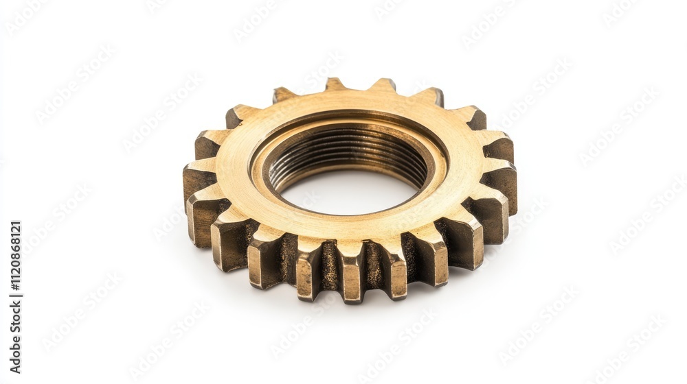 Brass gear cog with threaded hole isolated on a white background showcasing industrial machinery components and mechanical engineering elements Brass gear cog with threaded hole isolated on a white background showcasing industrial machinery components and mechanical engineering elements