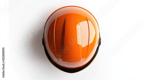 Orange safety engineer helmet displayed from a top view on a clean white background, ideal for design and construction themes, workplace safety, industrial equipment, protective gear. photo