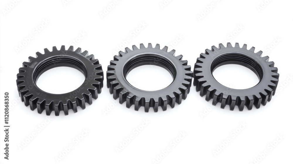 Close-up of three black metal gears arranged on a clean white background showcasing industrial machinery components and engineering design. Close-up of three black metal gears arranged on a clean white background showcasing industrial machinery components and engineering design.
