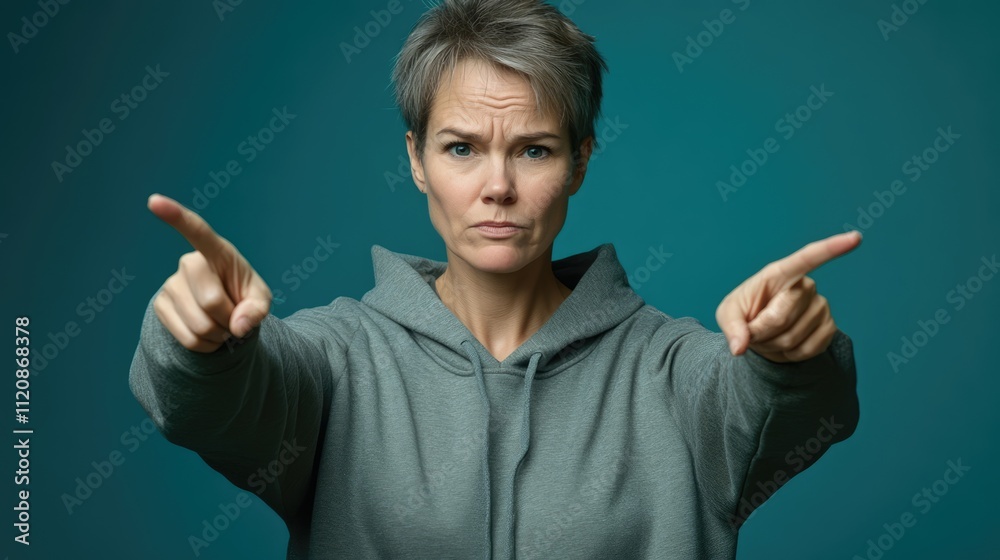 Middle aged sportswoman in casual sweatshirt expressing sadness while pointing downwards against a teal background indicating direction Middle aged sportswoman in casual sweatshirt expressing sadness while pointing downwards against a teal background indicating direction