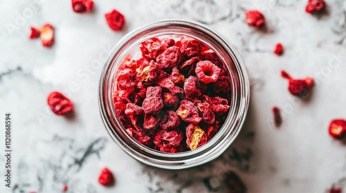 Fototapeta Naklejka Na Ścianę i Meble -  Lyophilized freeze dried raspberries and assorted forest fruits in a glass jar on a marble surface with scattered berries around.