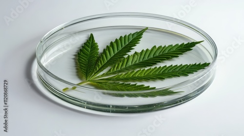 Leaf extraction in glass culture dish showcasing green leaves for scientific skincare research and development in laboratory settings photo