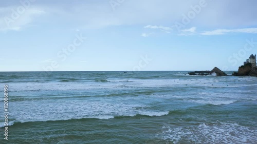 Sunny day view of Atlantic ocean and Villa Belza in Biarritz France