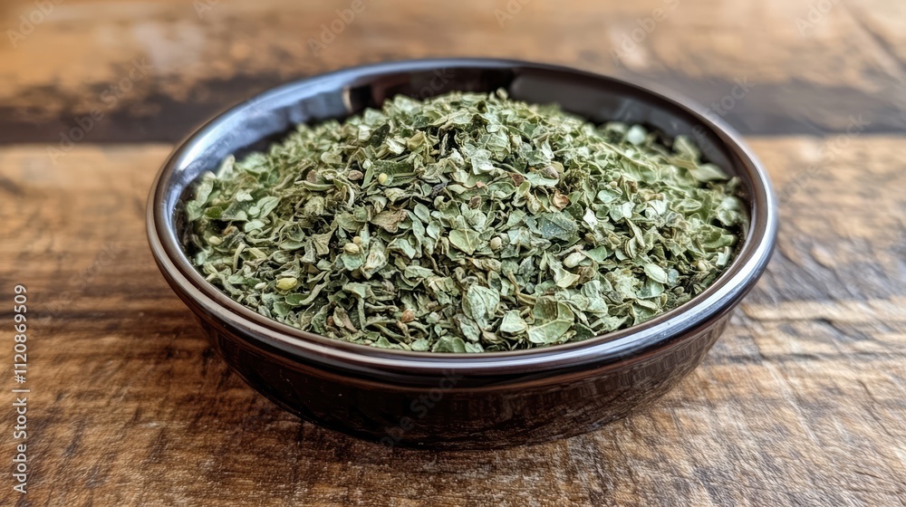 Dried oregano infusion displayed in a black bowl on a rustic wooden table, highlighting the texture and color of the herbs, culinary, cooking, natural ingredients. Dried oregano infusion displayed in a black bowl on a rustic wooden table, highlighting the texture and color of the herbs, culinary, cooking, natural ingredients.