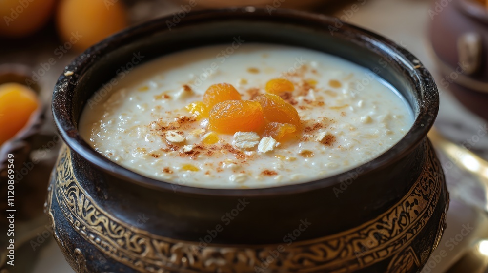 Oatmeal porridge in a decorative bowl topped with dried apricots and nuts on a rustic table setting Oatmeal porridge in a decorative bowl topped with dried apricots and nuts on a rustic table setting