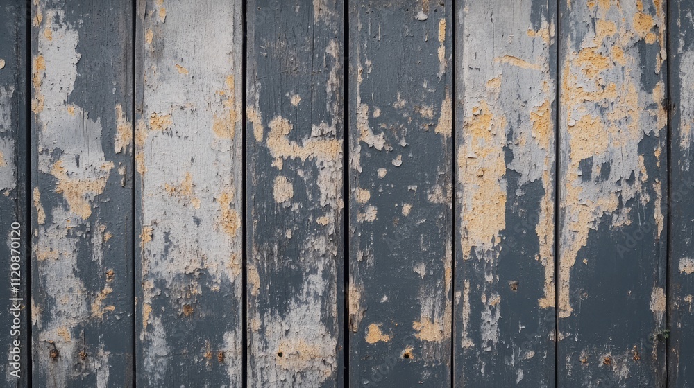 Obraz premium Weathered grey wooden garage door with peeling paint requiring maintenance and restoration in need of repair and repainting.