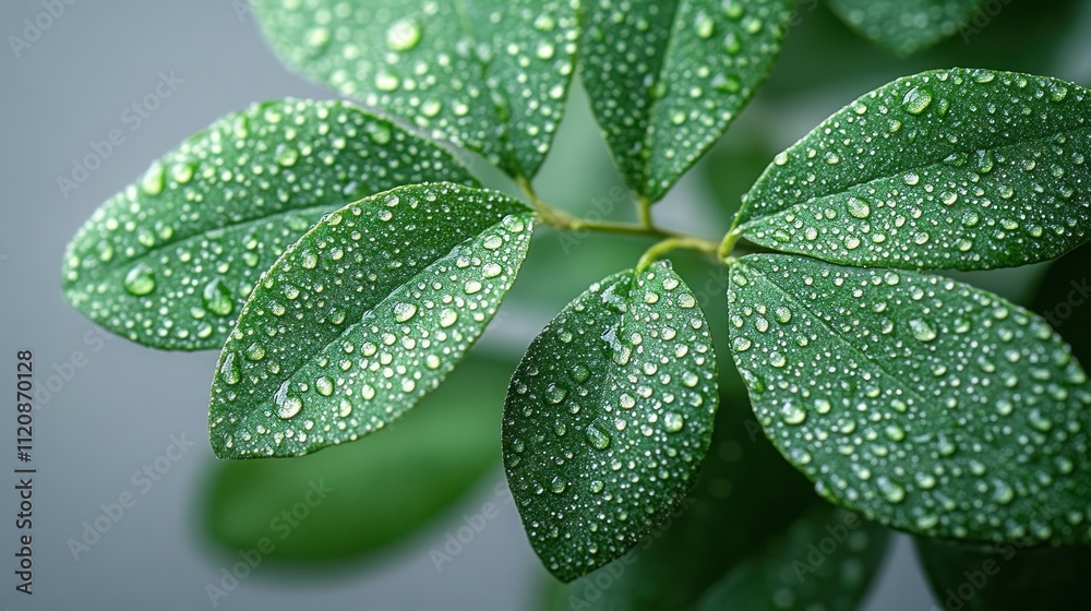 Fototapeta premium Macro photography of green leaves with dew drops natural beauty vibrant texture close-up tranquil environment serene bokeh light