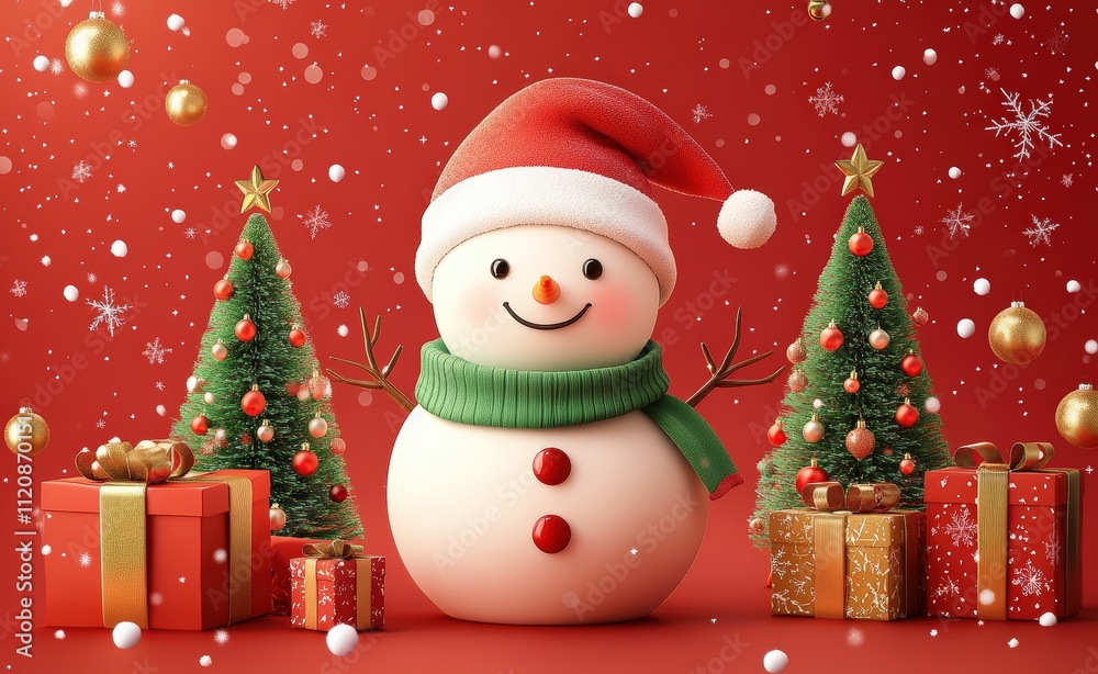 Cheerful Snowman with Christmas Trees and Gifts - 3D Rende Cheerful Snowman with Christmas Trees and Gifts - 3D Rende