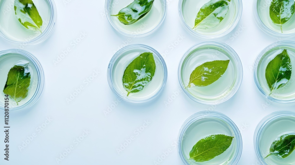 Laboratory petri dishes with green liquid and tea tree leaves showcasing natural skincare product development on a white background Laboratory petri dishes with green liquid and tea tree leaves showcasing natural skincare product development on a white background