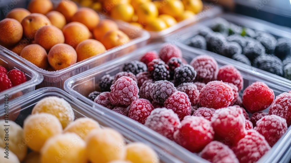 Packing assorted frozen fruits in trays for preservation and storage in the refrigerator showcasing vibrant colors and textures. Packing assorted frozen fruits in trays for preservation and storage in the refrigerator showcasing vibrant colors and textures.