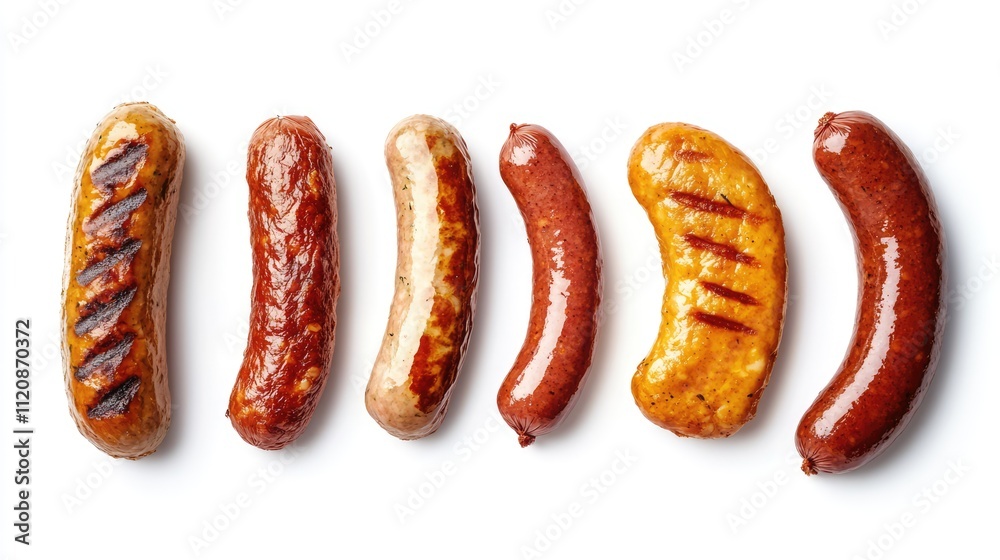 Variety of Delicious Sausages Displayed on a Clean White Background for Culinary and Food Marketing Use Variety of Delicious Sausages Displayed on a Clean White Background for Culinary and Food Marketing Use