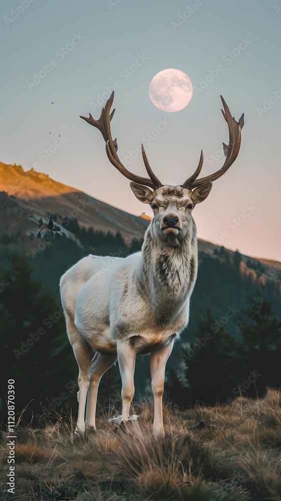 Naklejka premium A majestic white deer with perfect antlers, on the mountain and the beautiful view of the full moon at night