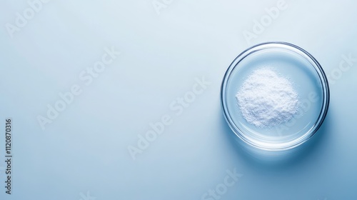 Calcium carbonate powder in a Petri dish on a light blue background top view for scientific and educational use.