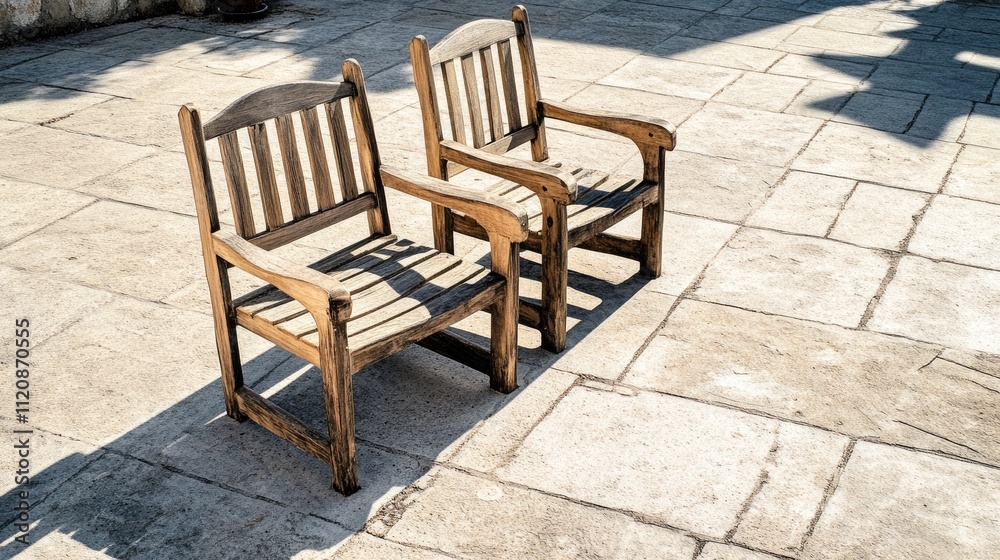 Wooden chairs casting shadows on a sunlit stone courtyard in a serene outdoor park setting on a warm day. Wooden chairs casting shadows on a sunlit stone courtyard in a serene outdoor park setting on a warm day.