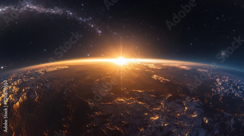 Stunning sunrise over Earth viewed from space highlighting celestial beauty and galactic backdrop with vibrant sunlight and planet textures