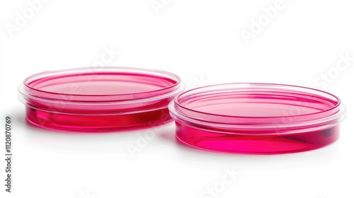 Cobalt chloride solution in petri dishes with pink liquid isolated on white background for scientific research and laboratory applications photo