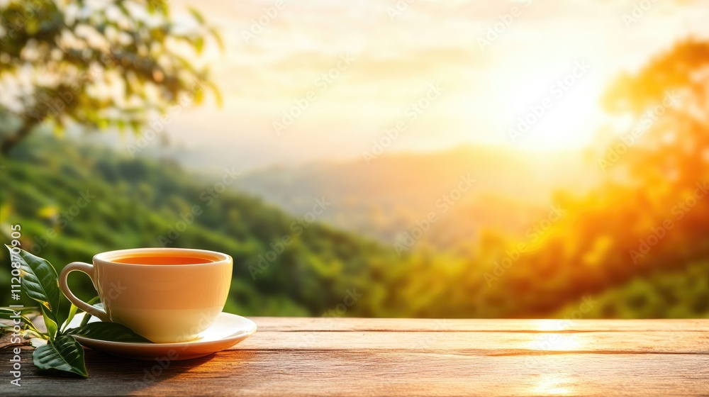 Cup of Freshly Brewed Tea with a Scenic Tea Plantation View Cup of Freshly Brewed Tea with a Scenic Tea Plantation View
