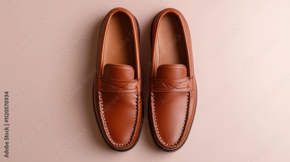 Elegant brown leather moccasins for men top view summer footwear ready for catalog presentation Elegant brown leather moccasins for men top view summer footwear ready for catalog presentation