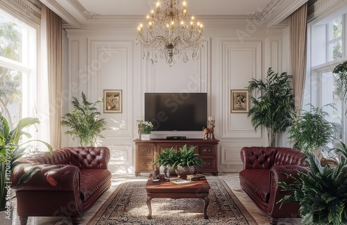 Luxurious living room with classic furniture, large windows, and plants.