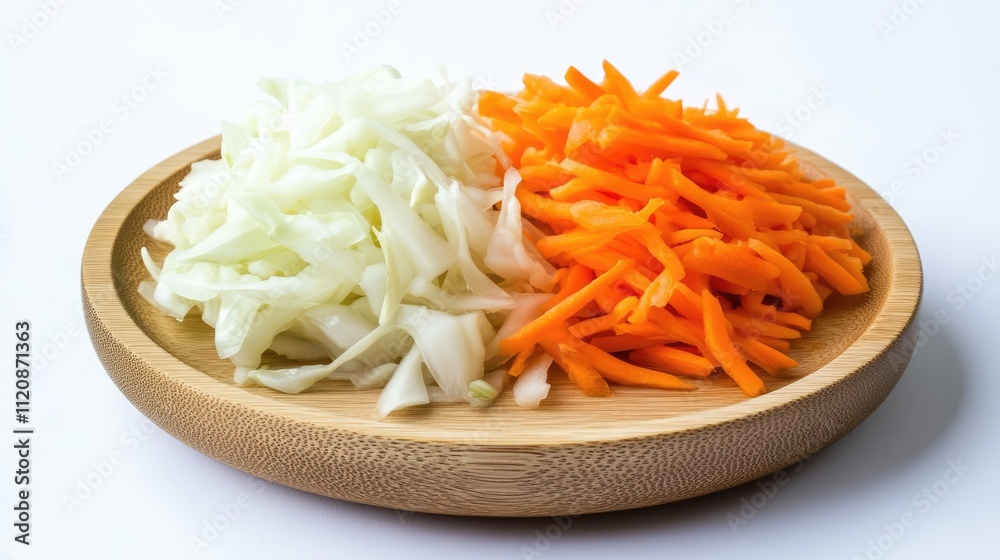 Sliced pickled cabbage and vibrant orange carrots neatly arranged on a round wooden plate against a bright white background, food preparation, healthy eating, culinary presentation. Sliced pickled cabbage and vibrant orange carrots neatly arranged on a round wooden plate against a bright white background, food preparation, healthy eating, culinary presentation.