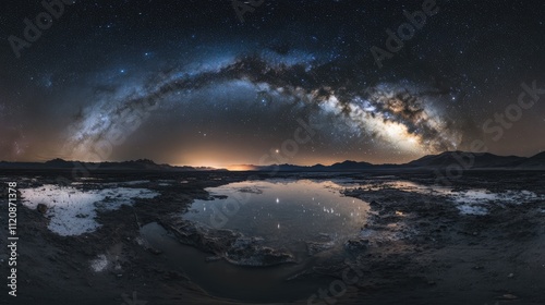 Panoramic view of the Milky Way arching over a tranquil lake at night, capturing vibrant stars and cosmic dust against a dark sky, astronomy, astrophotography, long exposure, nature.