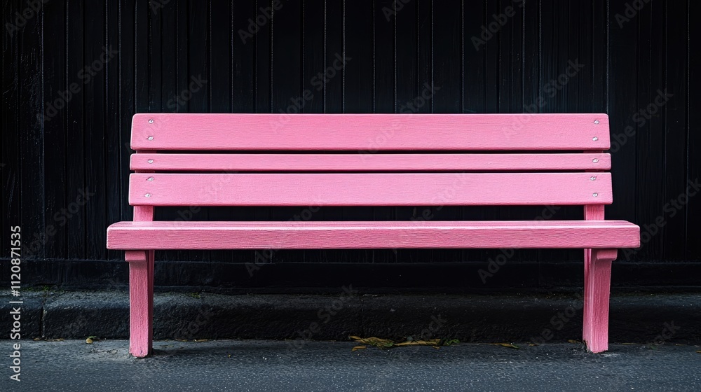 Pink wooden bench against a black background showcasing color contrast and minimalist design in urban settings. Pink wooden bench against a black background showcasing color contrast and minimalist design in urban settings.